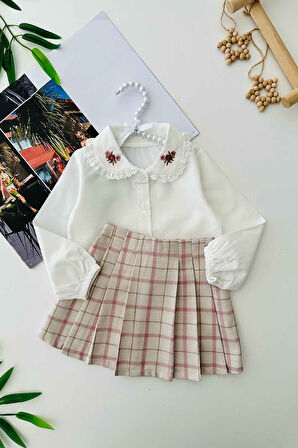 Miniğimin Cicileri Yaka Nakış Detaylı Suni Deri Ceketli Kız Çocuk Şort Etekli Takım - Gül Kurusu