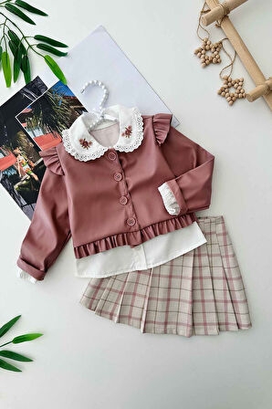 Miniğimin Cicileri Yaka Nakış Detaylı Suni Deri Ceketli Kız Çocuk Şort Etekli Takım - Gül Kurusu