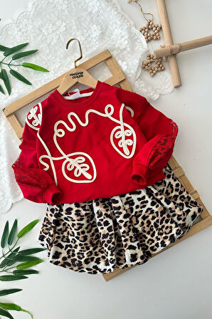 Miniğimin Cicileri Balon Etekli Yaprak İşleme Detaylı Tük kol Detaylı Kız Çocuk 2 li Takım - Kırmız