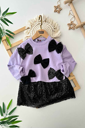 Miniğimin Cicileri Payet Etekli Fiyonk Desenli Kız Çocuk 2 li Takım -  Lila
