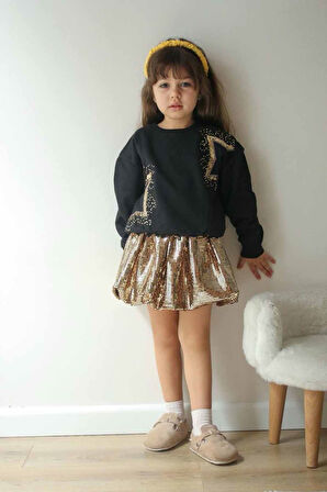 Miniğimin Cicileri Yıldızlı Gold Balon Etek Kız Çocuk 2 li Takım - Altın