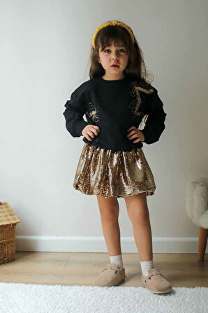 Miniğimin Cicileri Yıldızlı Gold Balon Etek Kız Çocuk 2 li Takım - Altın