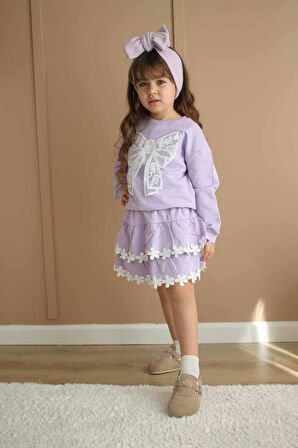 Miniğimin Cicileri Fiyonk Detaylı Çiçek Fisto Kat Kat Etekli Kız Çocuk 2 li Takım - Lila