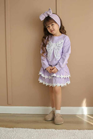 Miniğimin Cicileri Fiyonk Detaylı Çiçek Fisto Kat Kat Etekli Kız Çocuk 2 li Takım - Lila