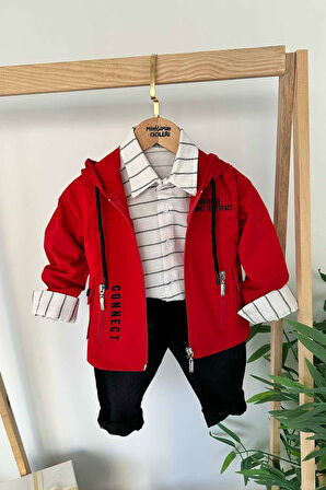 Miniğimin Cicileri 3 Parça Connect Baskı Kapüşonlu Ceketli Çizgi Detaylı Kotlu Erkek Çocuk Takım - 