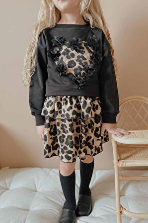 Miniğimin Cicileri Leopar Desenli 3D Çiçekli Sweatshirt ve Kat Kat Etek Kız Çocuk Takımı - Siyah