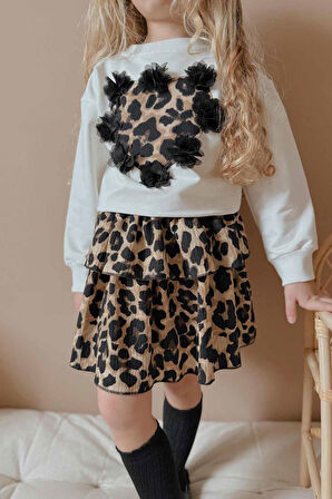 Miniğimin Cicileri Leopar Desenli 3D Çiçekli Sweatshirt ve Kat Kat Etek Kız Çocuk Takımı - Beyaz