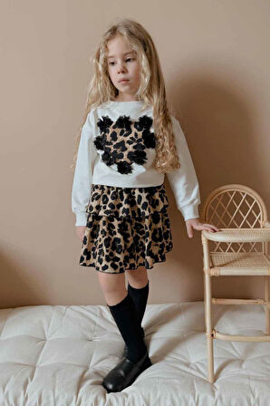 Miniğimin Cicileri Leopar Desenli 3D Çiçekli Sweatshirt ve Kat Kat Etek Kız Çocuk Takımı - Beyaz