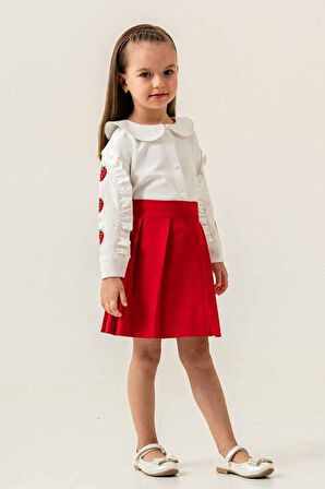 Miniğimin Cicileri Çilek İşleme Desenli Bebe Yaka Kız Çocuk Etekli Takım - Kırmızı