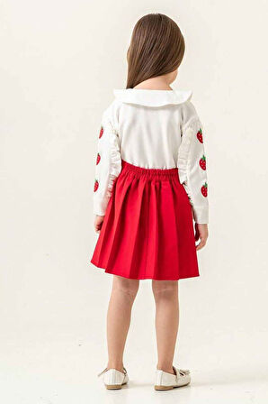 Miniğimin Cicileri Çilek İşleme Desenli Bebe Yaka Kız Çocuk Etekli Takım - Kırmızı