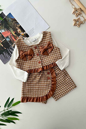 Miniğimin Cicileri Deri Fiyonk Detaylı Chanel Kumaş Şort Etekli 3 lü Takım - Kahverengi