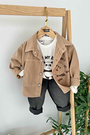 Miniğimin Cicileri Panda Baskılı Gabardin Erkek Çocuk  Bebe 3 lü Takım - Vizon