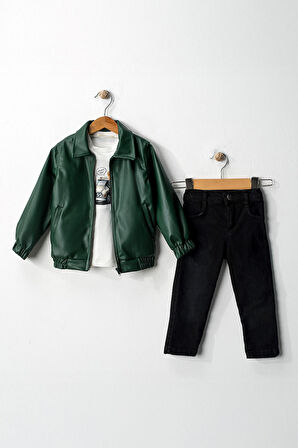 Miniğimin Cicileri Astarlı Yumuşak Deri Trençkotlu Erkek  Çocuk 3 lü Takım - Yeşil