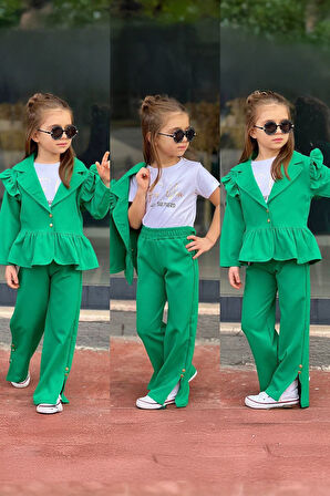 Miniğimin Cicileri Volanlı Ceketli Kız Çocuk 3 lü Takım - Yeşil
