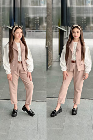 Miniğimin Cicileri Yelekli 5 li Kız Çocuk Kombin - Pudra