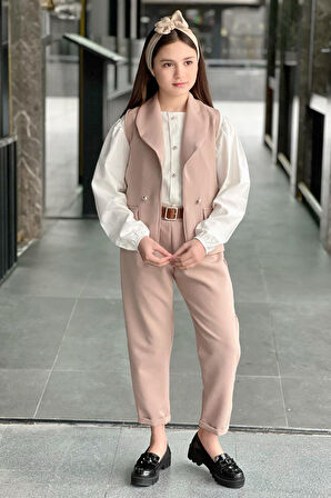 Miniğimin Cicileri Yelekli 5 li Kız Çocuk Kombin - Pudra