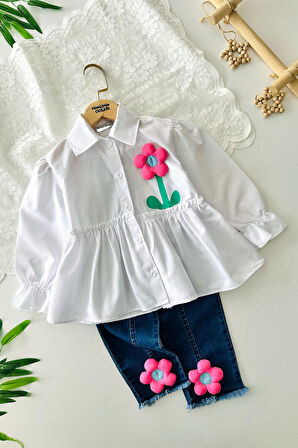 Miniğimin Cicileri Çiçek Desenli Kot Pantolonlu Gömlekli 2 li Takım - Beyaz