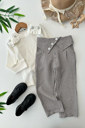 Miniğimin Cicileri Kazayağı Pantolonlu Düğme Detaylı 2 li Takım - Beyaz