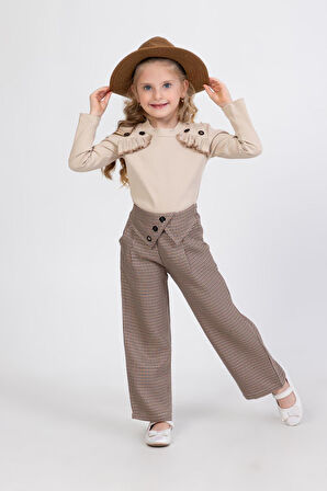 Miniğimin Cicileri Kazayağı Pantolonlu Düğme Detaylı 2 li Takım - Sütlü Kahve