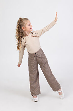 Miniğimin Cicileri Kazayağı Pantolonlu Düğme Detaylı 2 li Takım - Sütlü Kahve