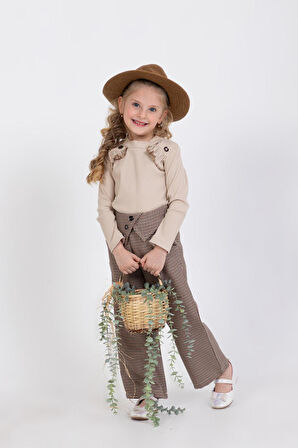 Miniğimin Cicileri Kazayağı Pantolonlu Düğme Detaylı 2 li Takım - Sütlü Kahve