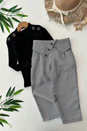 Miniğimin Cicileri Kazayağı Pantolonlu Düğme Detaylı 2 li Takım - Siyah