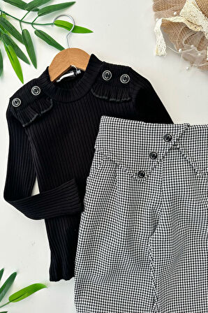Miniğimin Cicileri Kazayağı Pantolonlu Düğme Detaylı 2 li Takım - Siyah