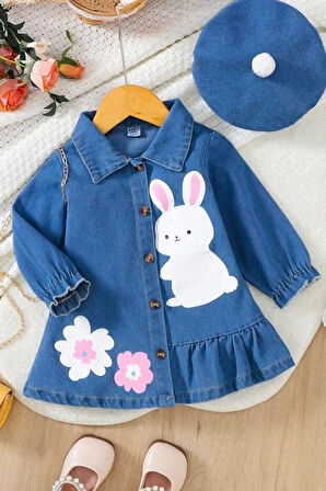 Miniğimin Cicileri Tavşan Baskılı Şapkalı Tensel Kot Kız Çocuk Elbise - Mavi