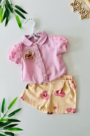 Miniğimin Cicileri Çiçek Desenli Şort ve Dantel Kollu Gömlek Kız Bebek Takımı - Pembe