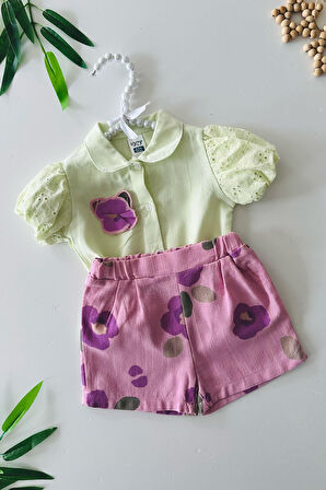 Miniğimin Cicileri Çiçek Desenli Şort ve Dantel Kollu Gömlek Kız Bebek Takımı - Yeşil