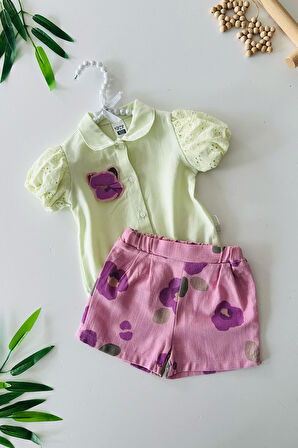 Miniğimin Cicileri Çiçek Desenli Şort ve Dantel Kollu Gömlek Kız Bebek Takımı - Yeşil