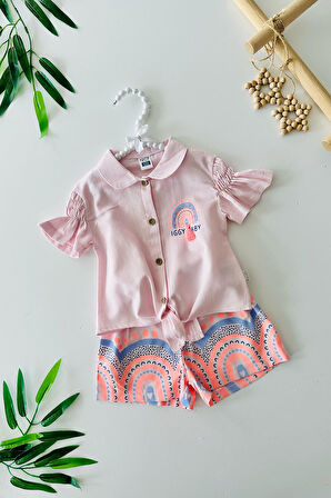 Miniğimin Cicileri Püskül Detaylı Kız Bebe Şortlu Bağlamalı 2 li Takım - Pembe