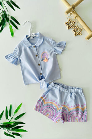 Miniğimin Cicileri Püskül Detaylı Kız Bebe Şortlu Bağlamalı 2 li Takım - Mavi
