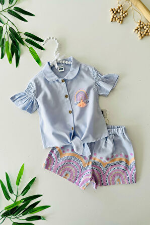 Miniğimin Cicileri Püskül Detaylı Kız Bebe Şortlu Bağlamalı 2 li Takım - Mavi