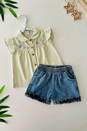 Miniğimin Cicileri Nakış Çiçek Desenli Kot Şortlu Kız Bebe 2 li Takım - Yeşil