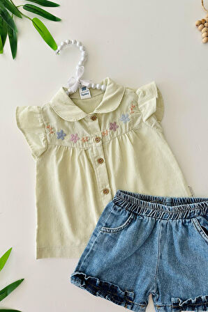 Miniğimin Cicileri Nakış Çiçek Desenli Kot Şortlu Kız Bebe 2 li Takım - Yeşil