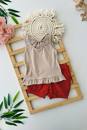 Miniğimin Cicileri Papatya Desenli Puantiye Şortlu Kız Çocuk Askılı Takım - Kırmızı