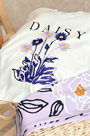 Miniğimin Cicileri Daisy Çiçek İşleme Detaylı Kız Çocuk Taytlı Takım - Lila