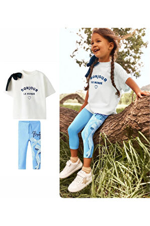 Miniğimin Cicileri Bonjour Fiyonk Detaylı Kız Çocuk Taytlı Takım - Açık Mavi