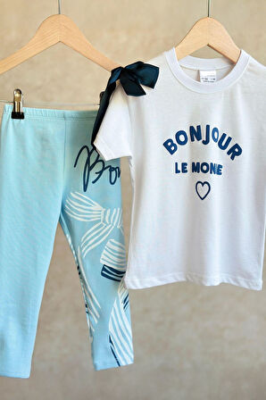 Miniğimin Cicileri Bonjour Fiyonk Detaylı Kız Çocuk Taytlı Takım - Açık Mavi