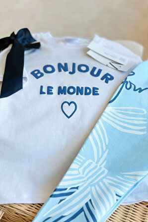 Miniğimin Cicileri Bonjour Fiyonk Detaylı Kız Çocuk Taytlı Takım - Açık Mavi