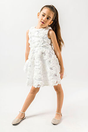 Miniğimin Cicileri Gül Detay Peyetli Kız Çocuk Çantalı Elbise - Beyaz