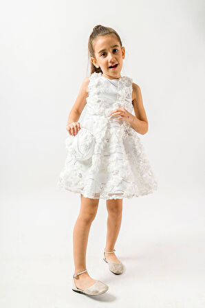 Miniğimin Cicileri Gül Detay Peyetli Kız Çocuk Çantalı Elbise - Beyaz