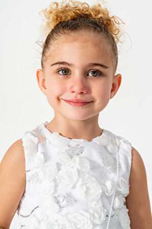 Miniğimin Cicileri Gül Detay Peyetli Kız Çocuk Çantalı Elbise - Beyaz