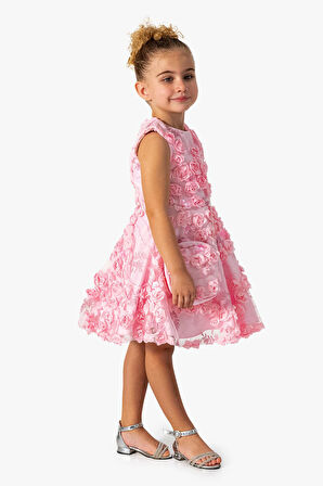 Miniğimin Cicileri Karışık Gül İşlemeli Çantalı Kız Çocuk Elbise - Pembe