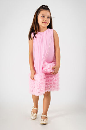 Miniğimin Cicileri Tül Fırfır Detaylı Yaka Büzgülü Çantalı Kız Çocuk Elbise - Pembe