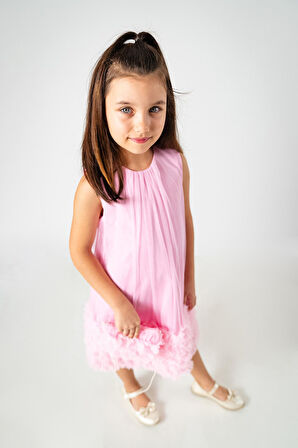 Miniğimin Cicileri Tül Fırfır Detaylı Yaka Büzgülü Çantalı Kız Çocuk Elbise - Pembe