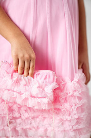 Miniğimin Cicileri Tül Fırfır Detaylı Yaka Büzgülü Çantalı Kız Çocuk Elbise - Pembe