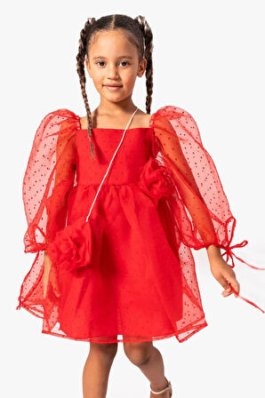 Minigimin Cicileri Çantalı Puanlu Kız Çocuk Tül Elbise - Kırmızı