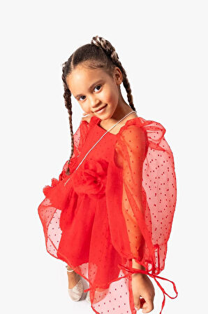 Minigimin Cicileri Çantalı Puanlu Kız Çocuk Tül Elbise - Kırmızı